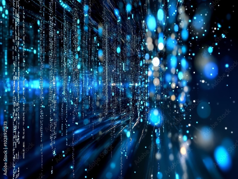 Poster A close-up of code on a computer screen with a digital blue overlay showing how data is secured or software is developed. Stock image.