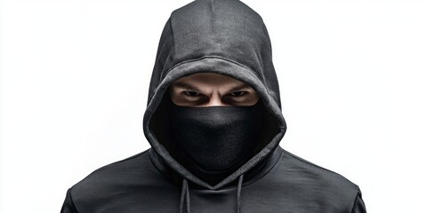 A mysterious figure in a black hoodie and mask. The intense gaze adds suspense and intrigue. Perfect for themes of mystery or anonymity in various designs. AI