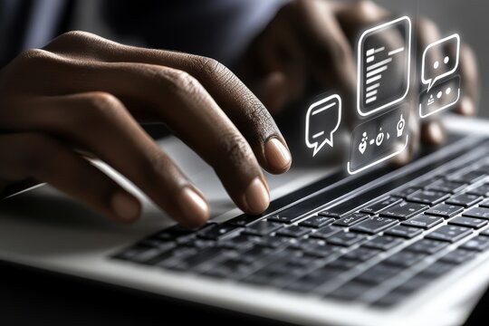 An American businesswoman uses a laptop computer to speak with a chatbot, stock technology supports customers online, software feedback targets audience automation, and stock generates data