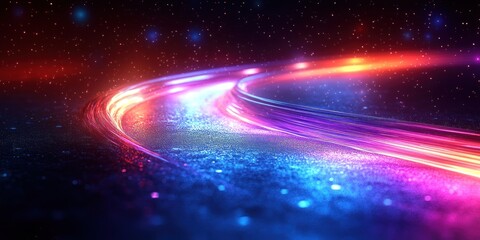 A vibrant, abstract representation of light trails against a starry background.