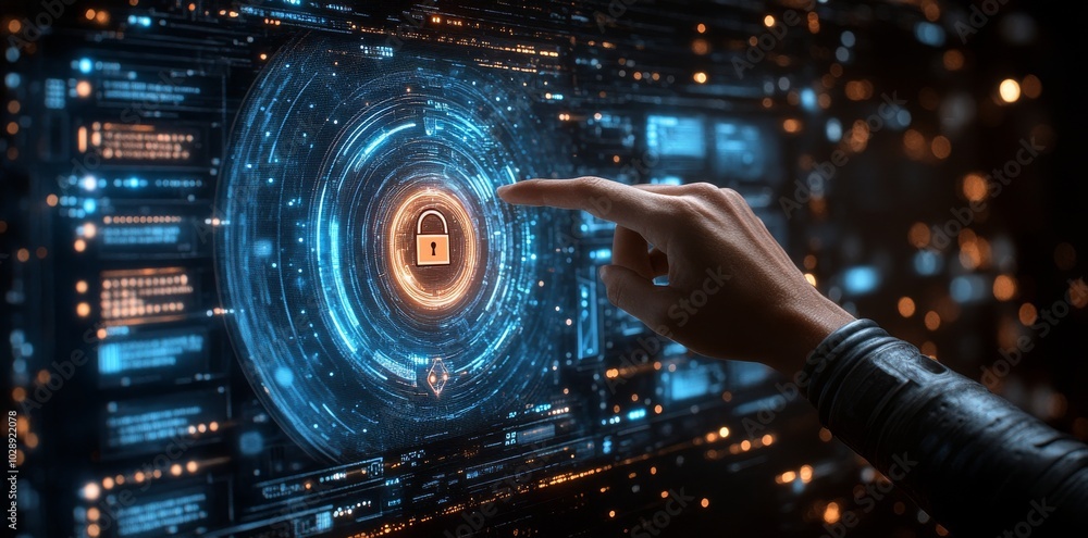 Poster cyber security and data protection concept. a hand touches a digital virtual screen with a lock icon