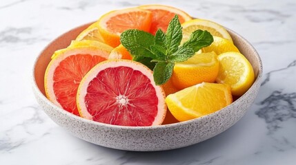 Bowl of Citrus Fruits with Mint Garnish