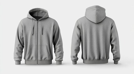 Gray zip-up hoodie mockup. Zipper hoodie. Front and back hoodie template