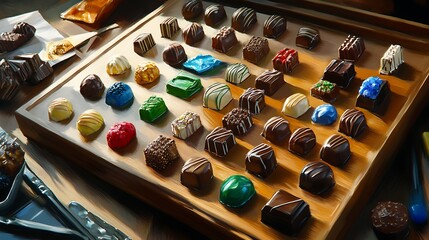 Gourmet Chocolate Assortment on Wooden Tray