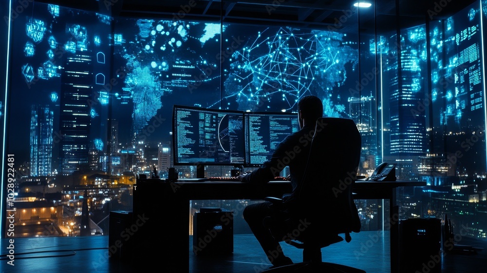 Poster Computers are used by programmers in an IT office to develop software.