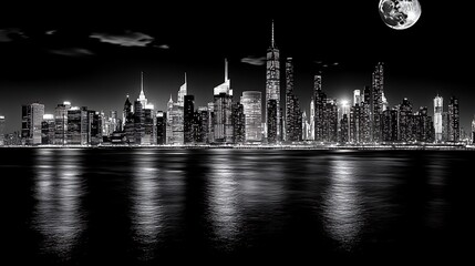 Cityscape Night Skyline Black and White Moon Reflection Water