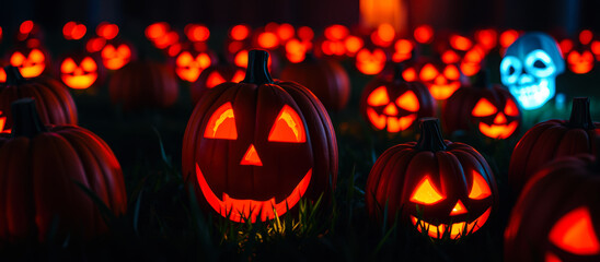 Fototapeta premium illuminated jack-o'-lanterns create a festive spooky halloween atmosphere