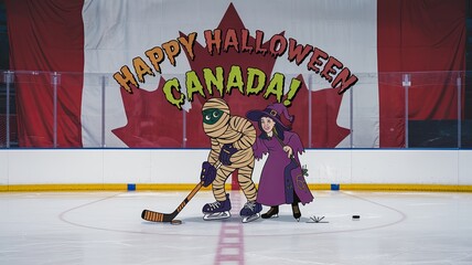 Happy Halloween Canada Hockey Party with costumes wallpaper  background flag 3d render illustration