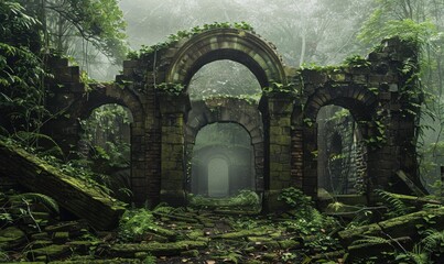 Fototapeta premium Enigmatic ruins concealed by foliage, 4K hyperrealistic photo