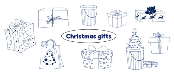 The Different Types of Gift Boxes in outline vector style. Set of vector continuous line doodles of the gift boxes. Design for Merry Christmas theme, icons, cards.