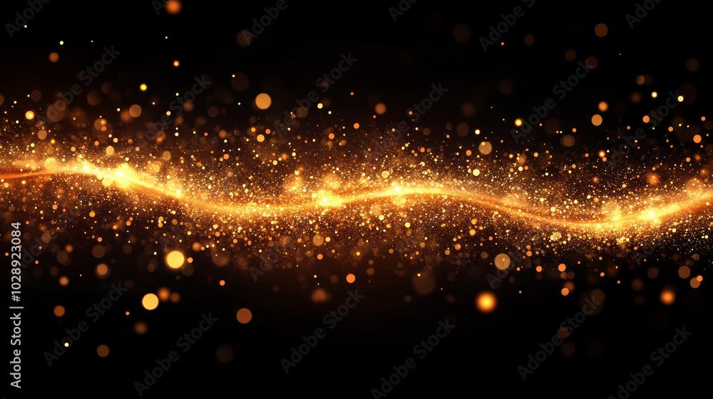 Poster backlit dust particles with real lens flare on a gold abstract background with bokeh.