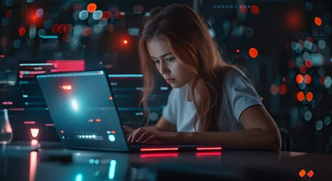 Focused Woman Working on Laptop with Futuristic Interface and Red Lights