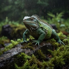 A green iguana sits on a mossy rock in the rainforest, looking alert, with rain falling around it.
