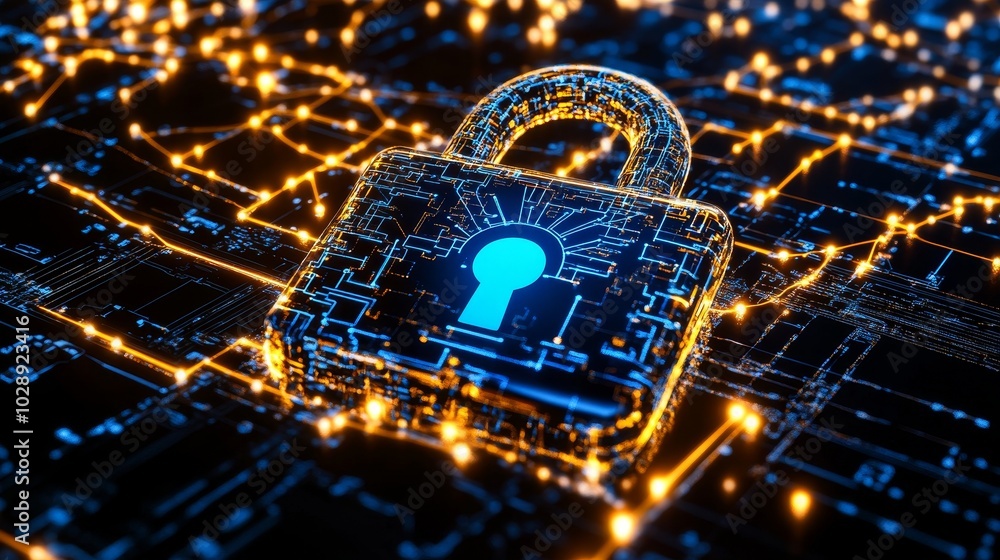 Poster A padlock symbol centers an abstract network of nodes and lines that facilitates secure data communication.