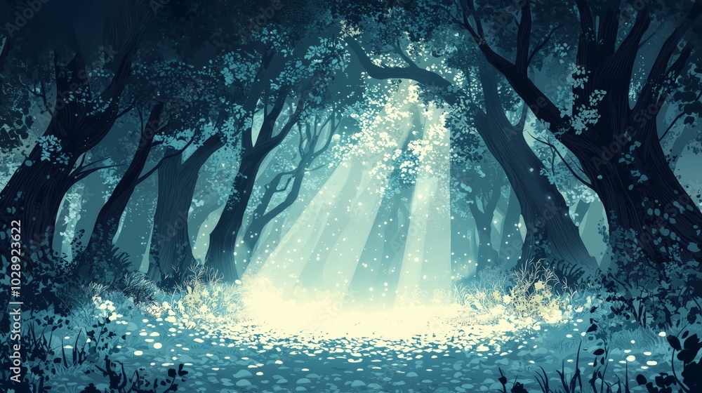Poster enchanted forest with dappled light and mystical vibes