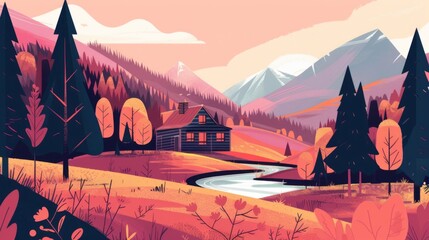 A cozy house in a lush, green landscape with a stream, trees, and mountains under a colorful sunset sky.