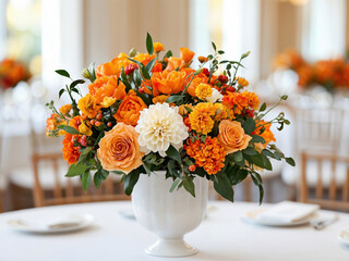 Floral arrangement with orange and white flowers in a white vase on a table set for a formal event. Wedding or special occasion decor concept