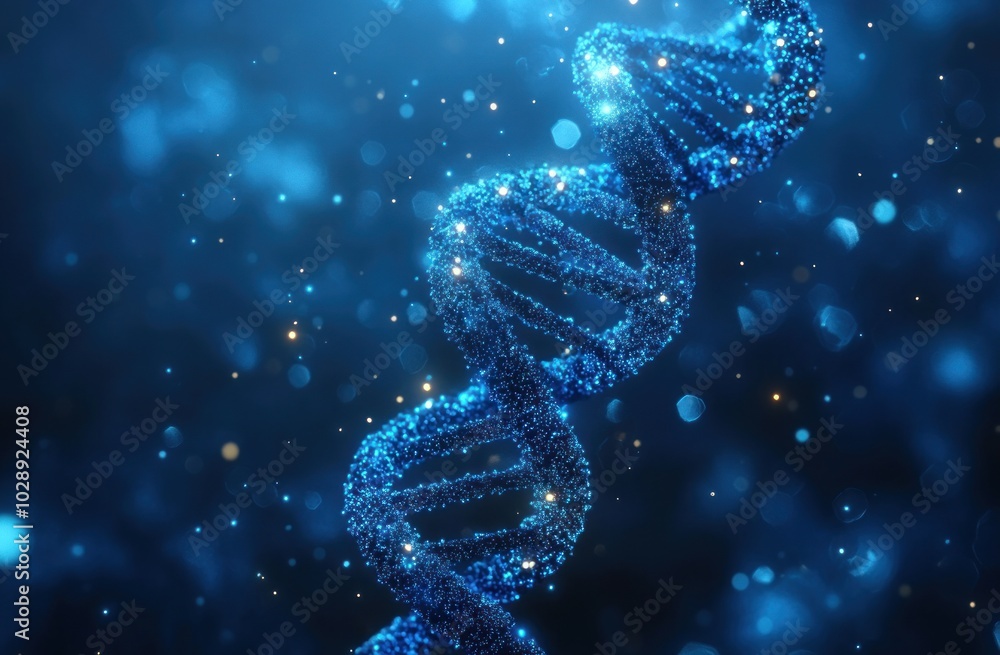 Poster a digital representation of a dna double helix in a blue, sparkling environment.