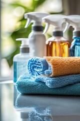 Colorful Cleaning Supplies with Towels and Spray Bottles on Reflective Surface in Sunlit Room