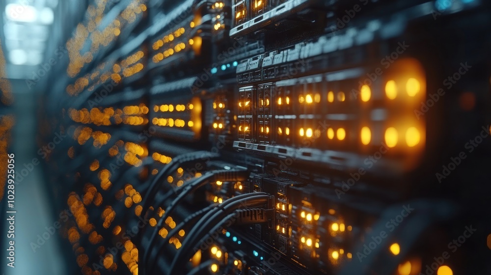 Poster a close-up view of a data center with illuminated server racks and cables.