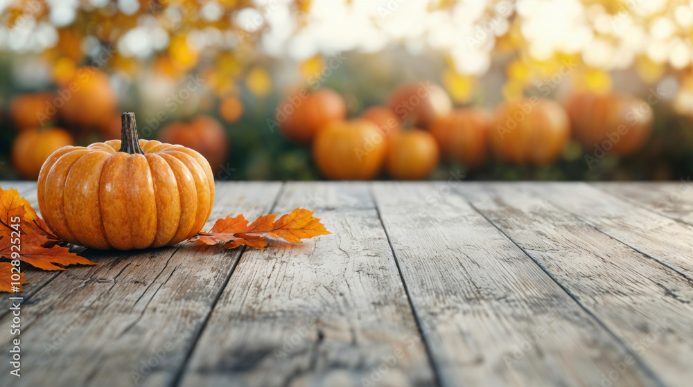 Poster pumpkin rests on a bare wooden table surrounded by autumn leaves in front of a pumpkin patch