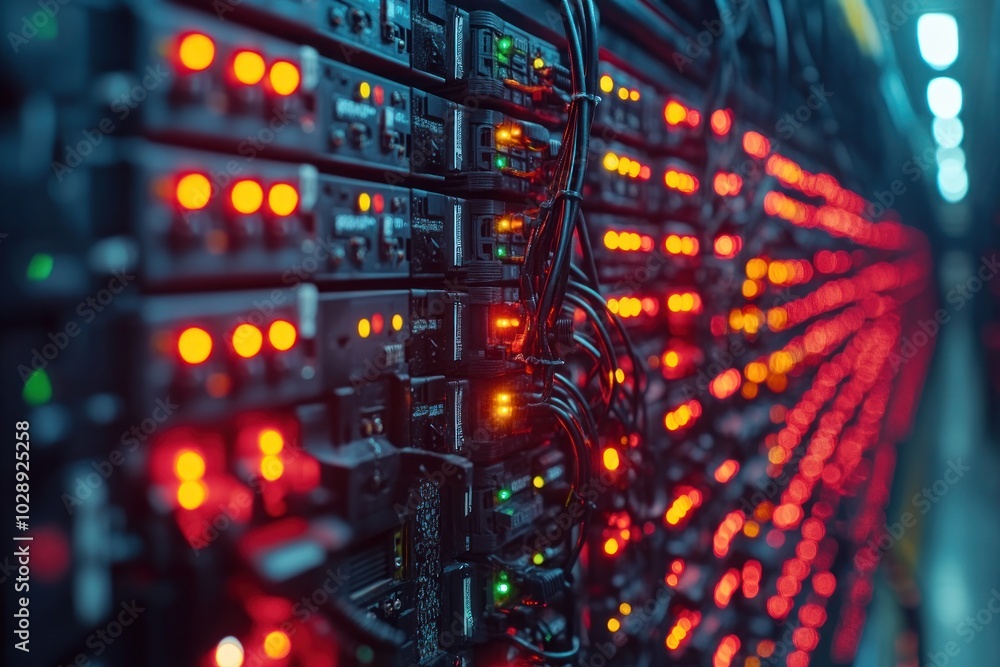 Poster a close-up view of server racks with illuminated indicators in a data center.