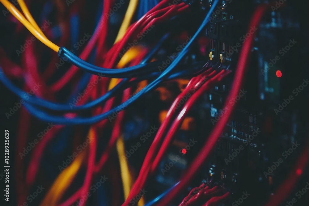Poster close-up of colorful wires and circuit boards in a technology setup.
