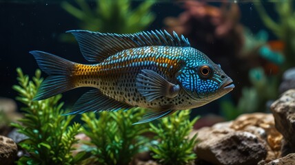Fototapeta premium A blue and yellow cichlid fish swims through an aquarium with green plants and rocks.