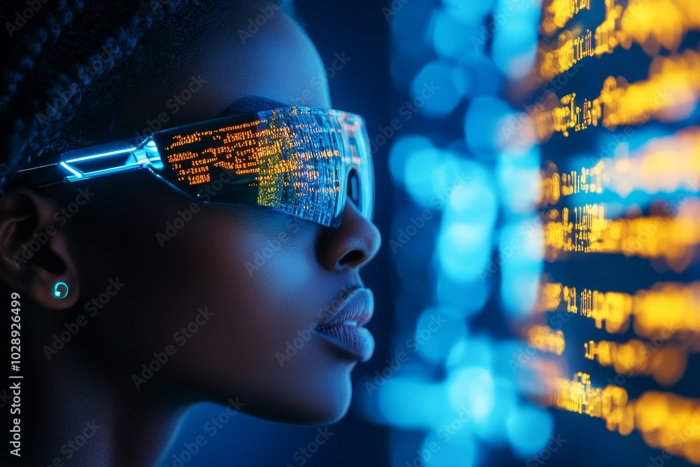 Poster A side view of a female Middle Eastern software engineer sitting at a desk in an IT company's office while writing code on a computer with multiple screens, stock photo, copy,