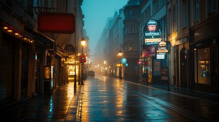 Nighttime Urban Street Scene with Glow of Streetlights