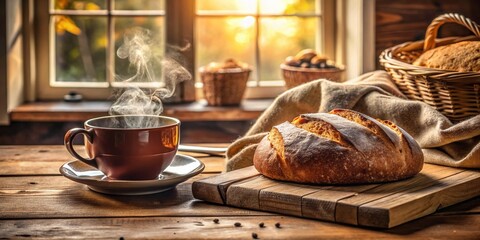 Obraz premium Freshly Baked Bread and Tea for a Healthy Morning Breakfast