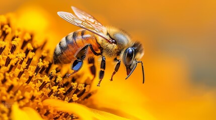 Fototapeta premium Vibrant Honeybee in Macro on Bright Yellow Flower