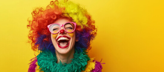 Smiling woman dressed as clown with colorful wig and glasses for carnival. 