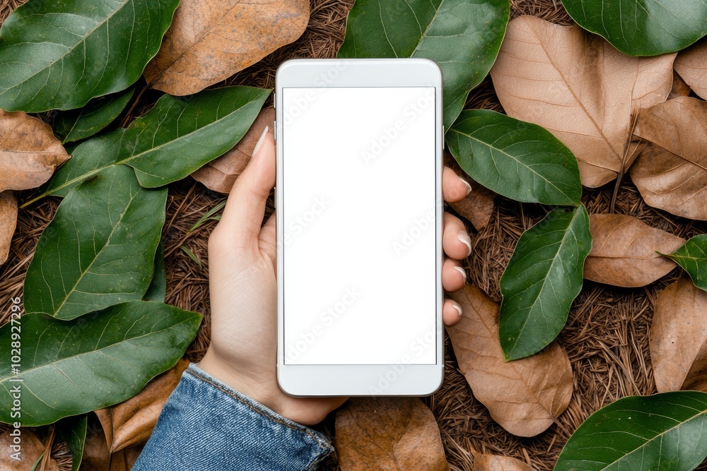 Poster the top view of a mockup image shows a woman holding a white mobile phone and a blank desktop screen