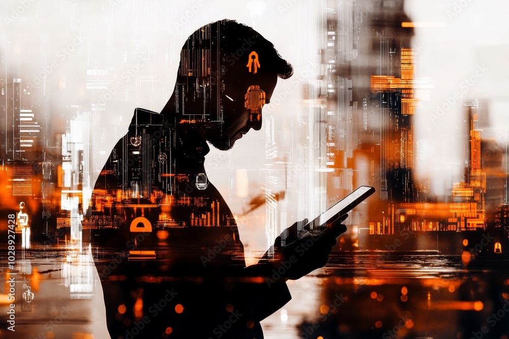 Aufkleber Using a smart phone, the businessman controls an automatic wireless robot and monitors his system using an industry network connection on a tablet. Stock, robotics, and Industry 4.0 are concepts that