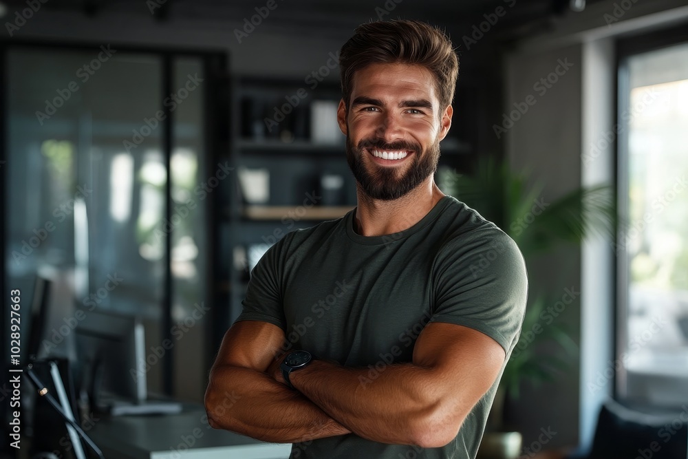 Poster administration of information technology. portrait of proud software engineer standing at work with 