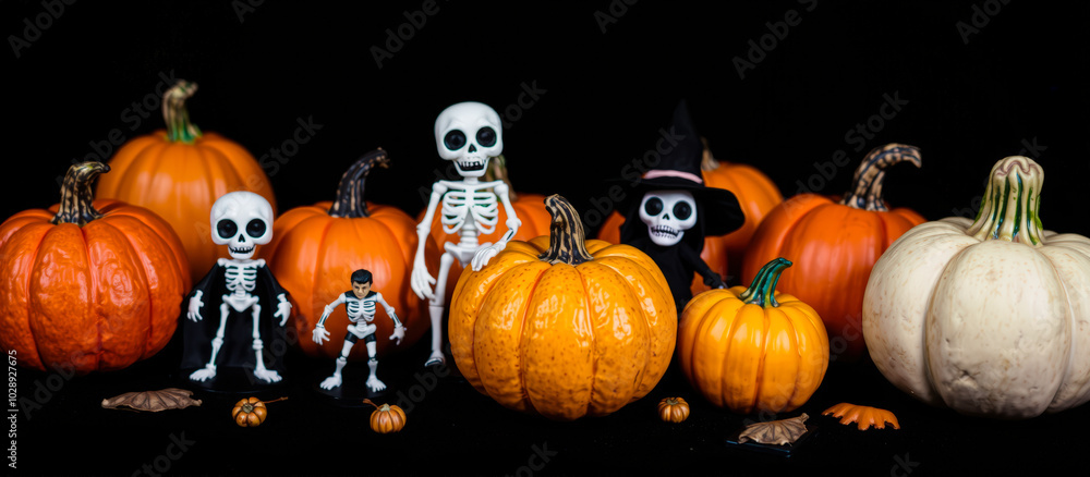 Wall mural group white skeletal figures stand amongst pumpkins on a black surface