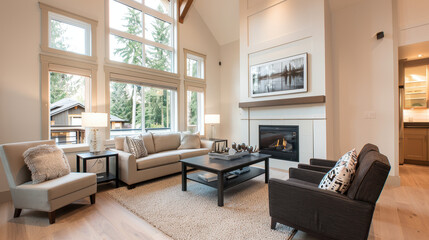 Fototapeta premium stylish modern living room featuring neutral colors, large windows, and cozy fireplace. space is designed for comfort and relaxation, perfect for enjoying natural light and serene views