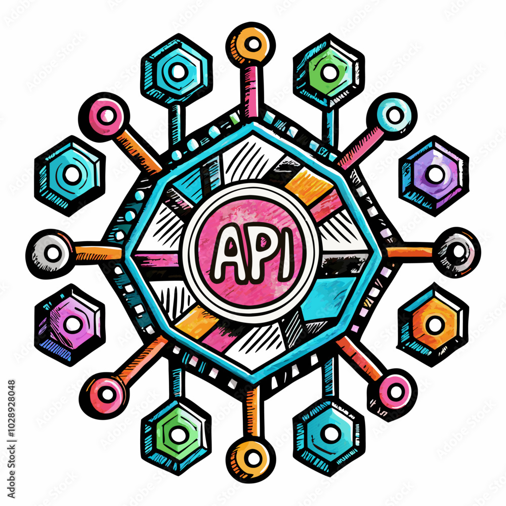 Aufkleber colorful hand drawn api hexagon with connected nodes and vibrant design elements