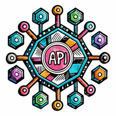 Colorful Hand Drawn API Hexagon with Connected Nodes and Vibrant Design Elements