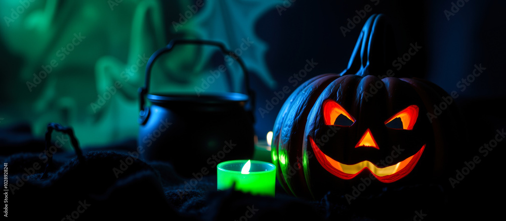 Poster grinning jack-o-lantern with glowing eyes