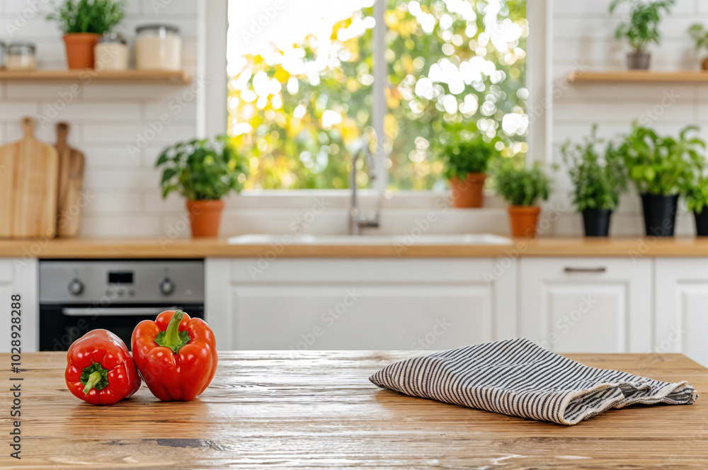 Poster two red peppers laying on rustic kitchen table with blurred background
