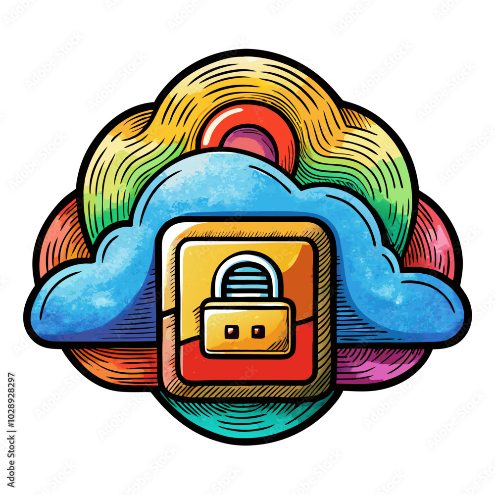 Poster colorful cloud with secure lock icon digital security and data protection vector art
