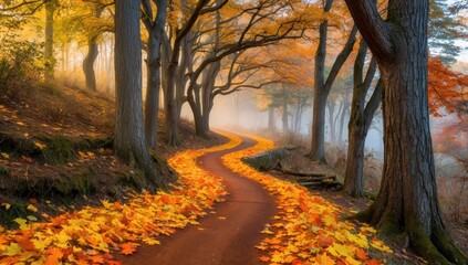 Naklejka premium Winding Forest Path Through Vibrant Autumn Leaves and Towering Trees