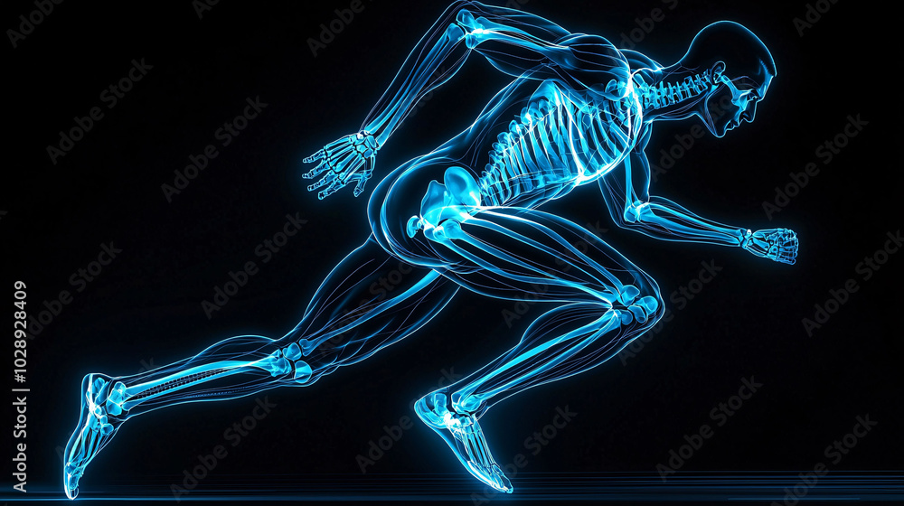 Aufkleber dynamic x ray style rendering of male figure in sprinting pose, showcasing skeletal structure and mu