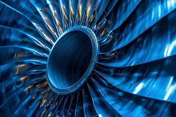 Close-up of a Metallic Blue Jet Engine Fan