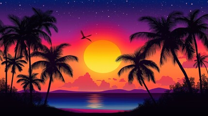 Fototapeta premium Silhouette of palm trees at tropical sunrise or sunset