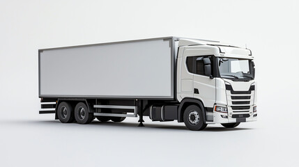 cargo truck with large, empty trailer is shown in clean, isolated setting. This vehicle is ideal for delivery and transportation needs, showcasing modern design and robust build