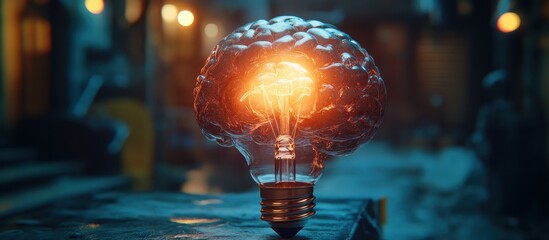 Illuminated Brain-Shaped Light Bulb in Urban Setting Symbolizing Creativity and Innovation at Night