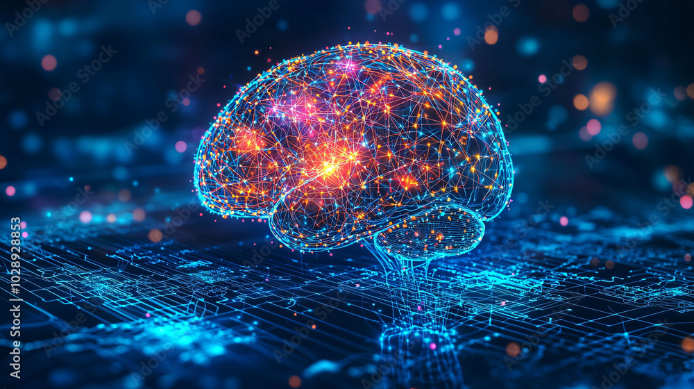 Poster colorful abstract brain scan with vibrant connections and glowing lights, set against dark backgroun